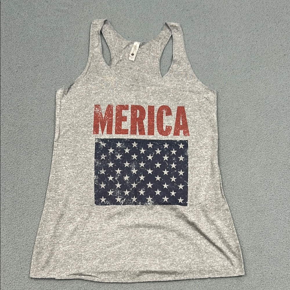 Gray ‘Merica Racerback Tank Top | Patriotic USA Graphic | Size M